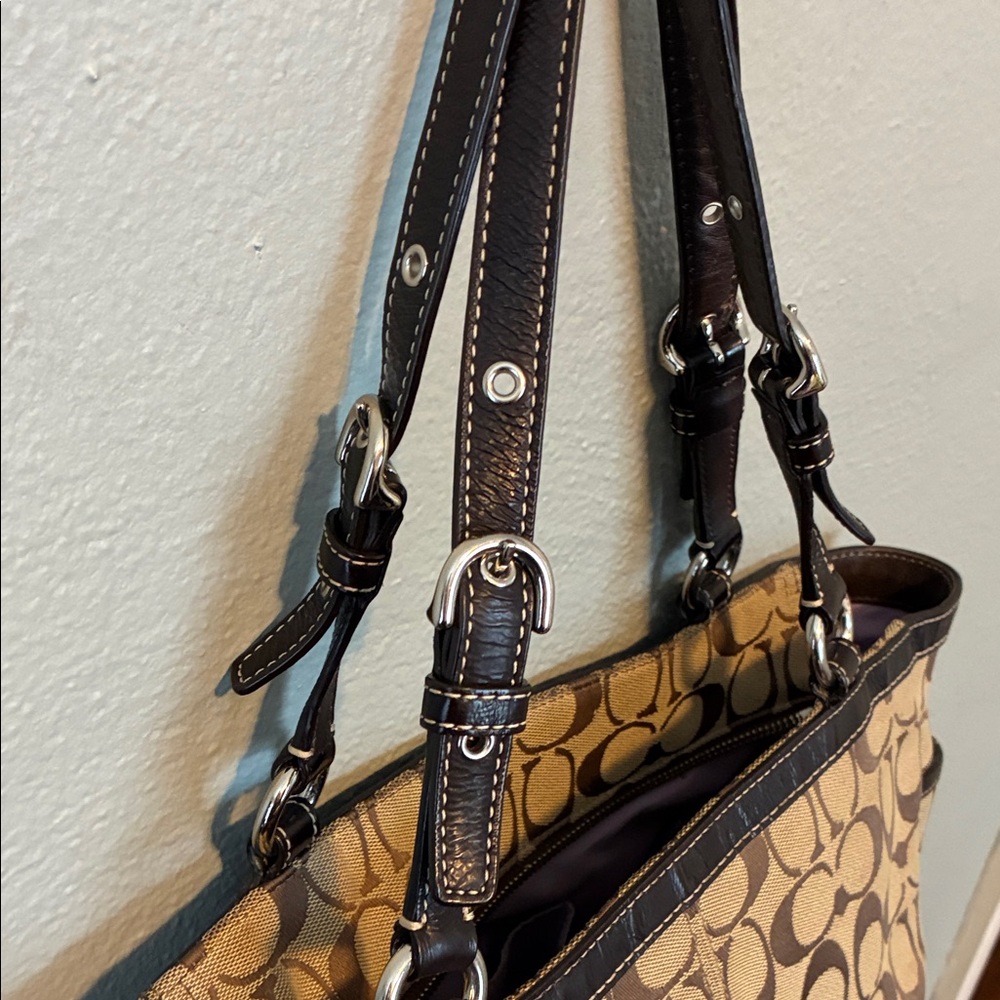 Coach Tan and Brown Signature Pleated Gallery Shoulder Handbag Tote - Picture 13 of 15